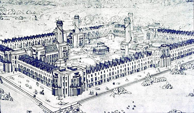 Owen's Utopian Vision for New Harmony. The image is similar to later idealized images advertising various industrial facilities in the Midwest. (Public Domain Image)