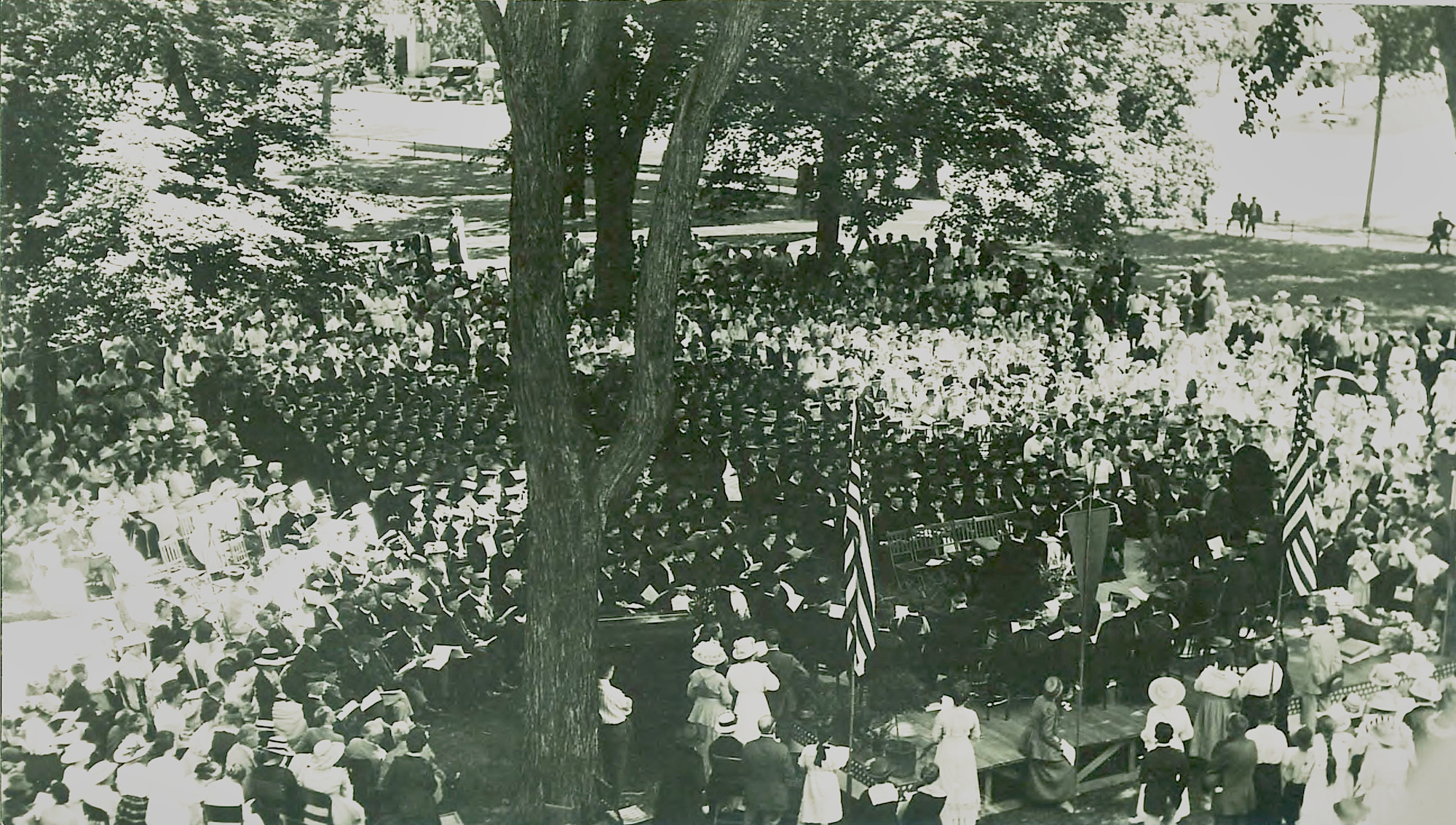 Commencement in June 1918 on the lawn east of Schaeffer Hall