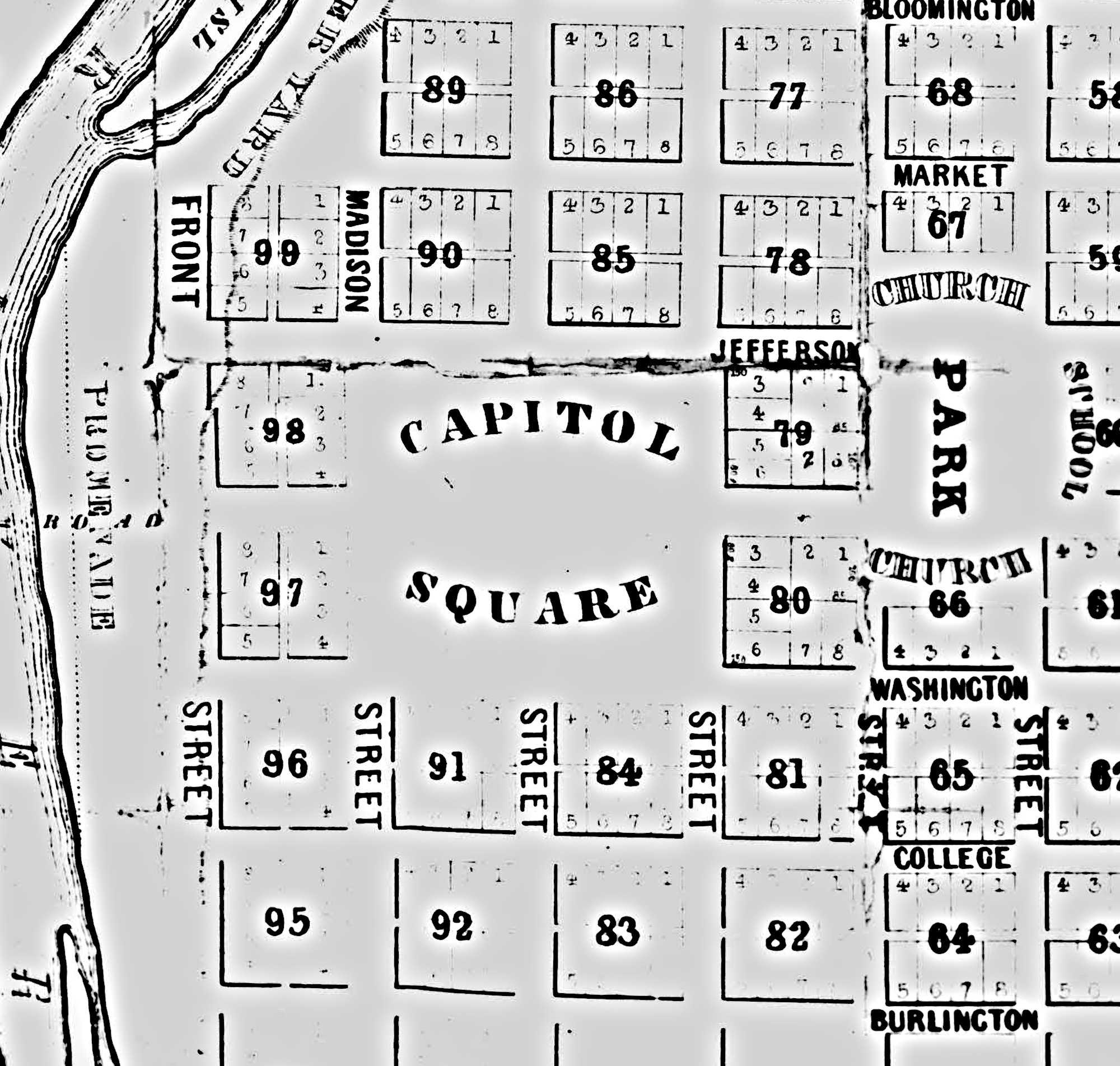 Plat Map of Iowa City from 1839 showing the Capitol Square