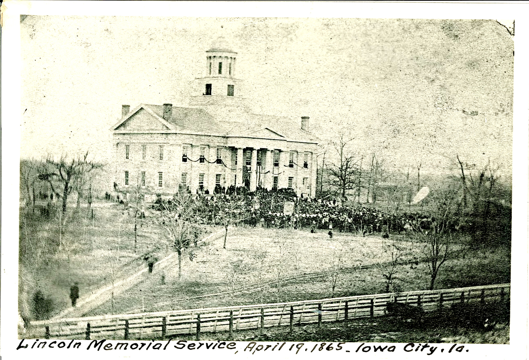 People attending a memorial service for Abraham Lincoln held at the east steps of the Old Capitol