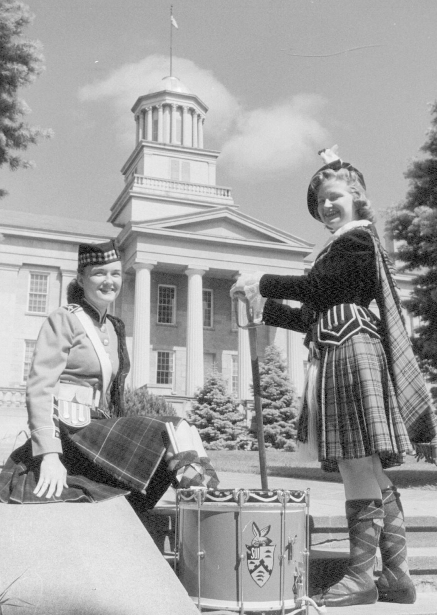 Scottish Highlanders with a large drum in the 1960s
